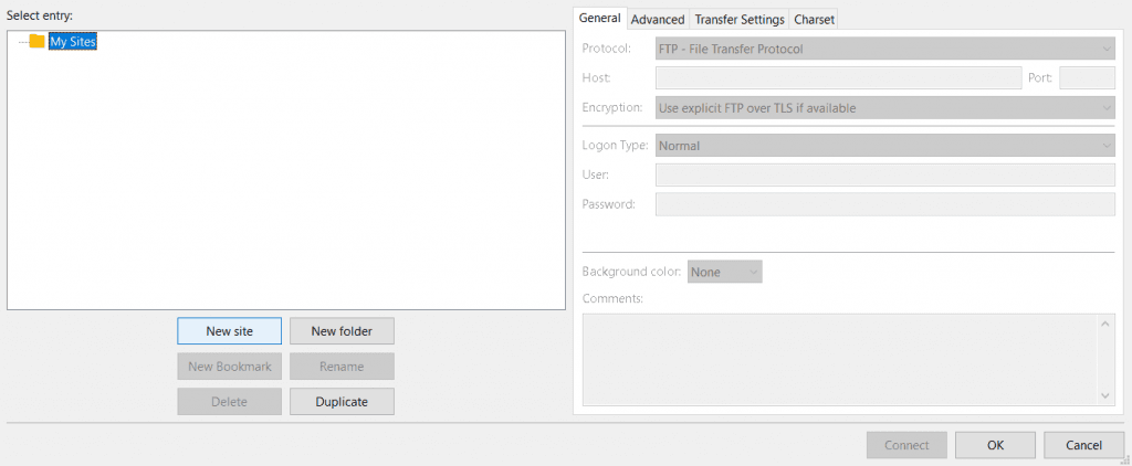 FileZilla Site Manager: bal oldalt az Új állomás gomb, jobb oldalt a protokoll és a belépési mezők.