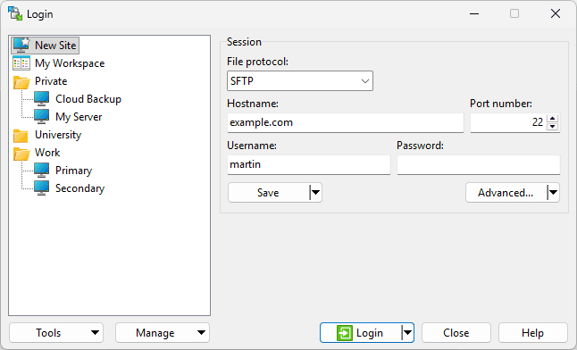 WinSCP bejelentkezési ablak SFTP protokollal, szervernév-, port-, felhasználónév- és jelszómezőkkel.
