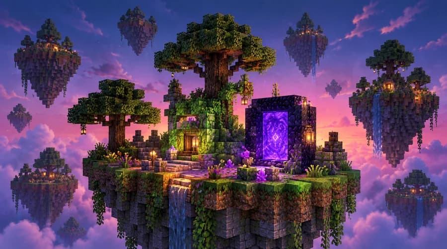 Minecraft-világ portállal és lebegő szigetekkel