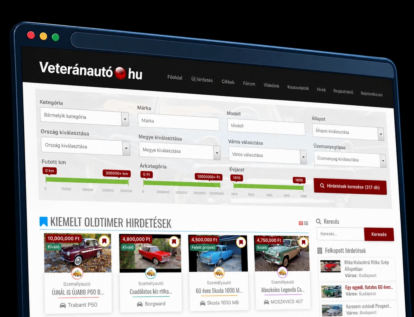 Close-up of the listings and search interface on Veteránautó.hu