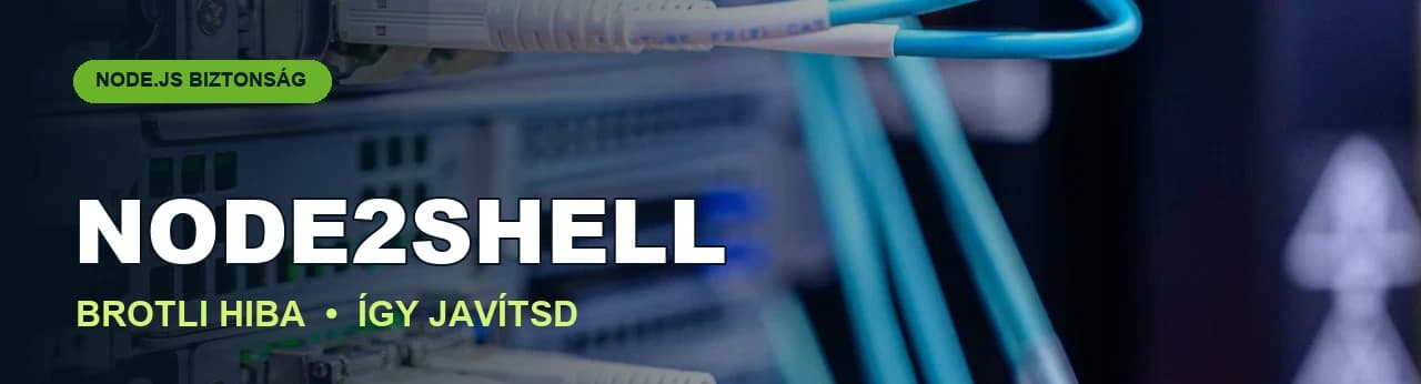 Node2Shell felirat és Node.js biztonsági figyelmeztetés szerverkapcsolatokat mutató fotón