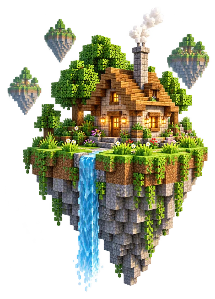 Lebegő Minecraft-sziget, faházzal és vízeséssel