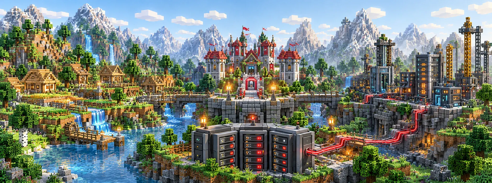 Vanilla faluból, kastélyból és modolt ipari világból álló voxel táj, szerverekkel összekötve