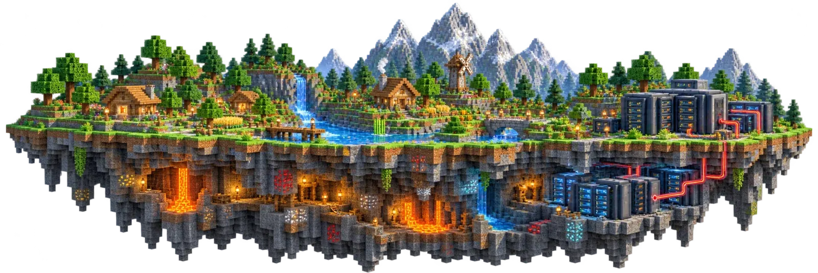 Felszíni voxel világ, föld alatti gépek és szerverinfrastruktúra metszete